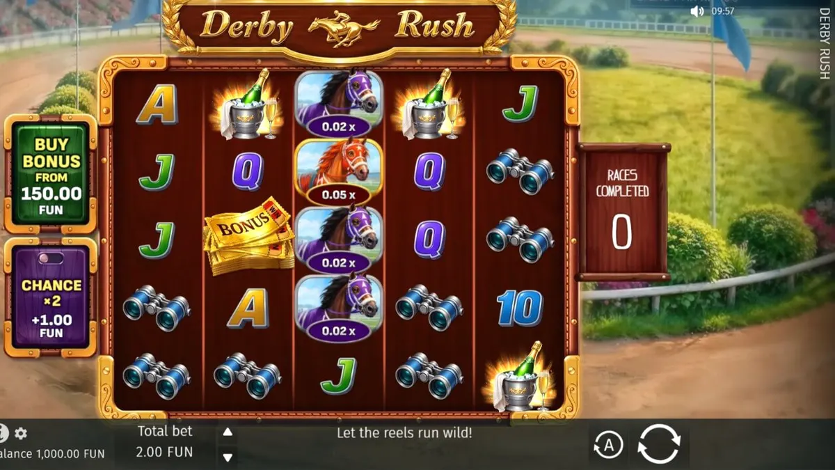 Tampilan visual slot Derby Rush dengan tema pacuan kuda yang mewah