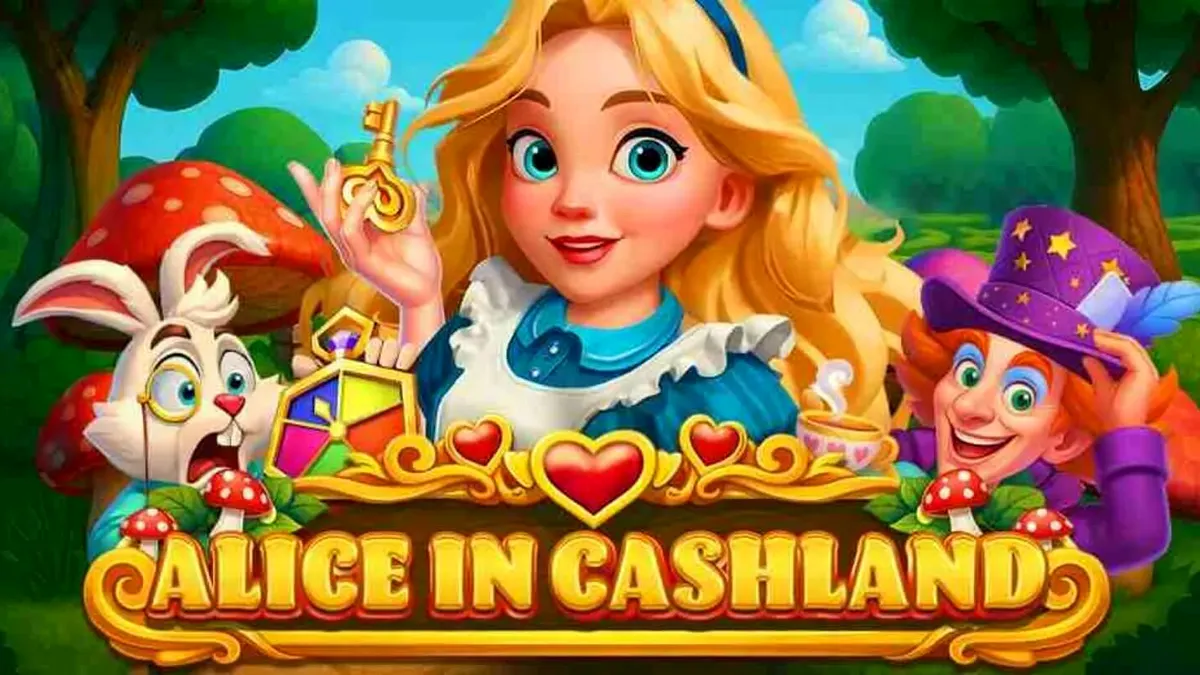 Tampilan visual slot Alice in Cashland dengan elemen fantasi neon